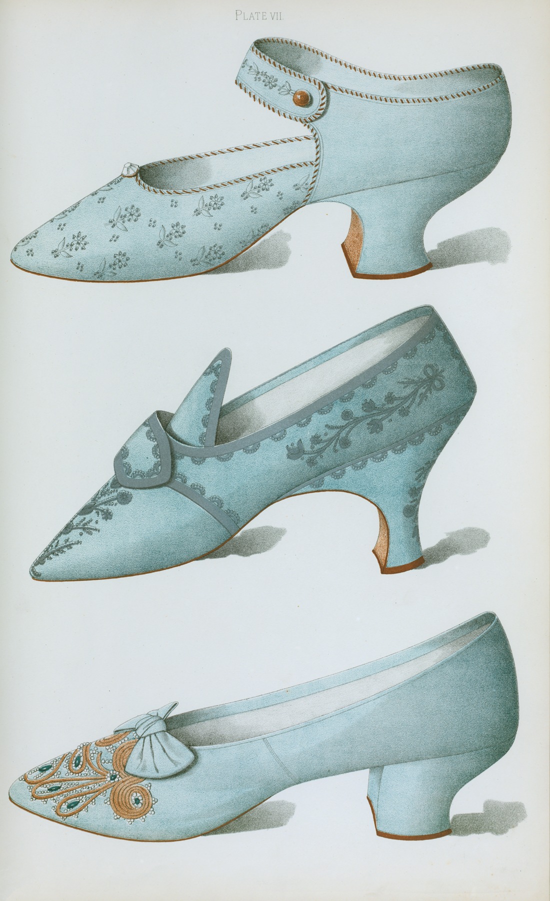T. Watson Greig - Single strap shoe in French grey satin, and two blue shoes, all embroidered
