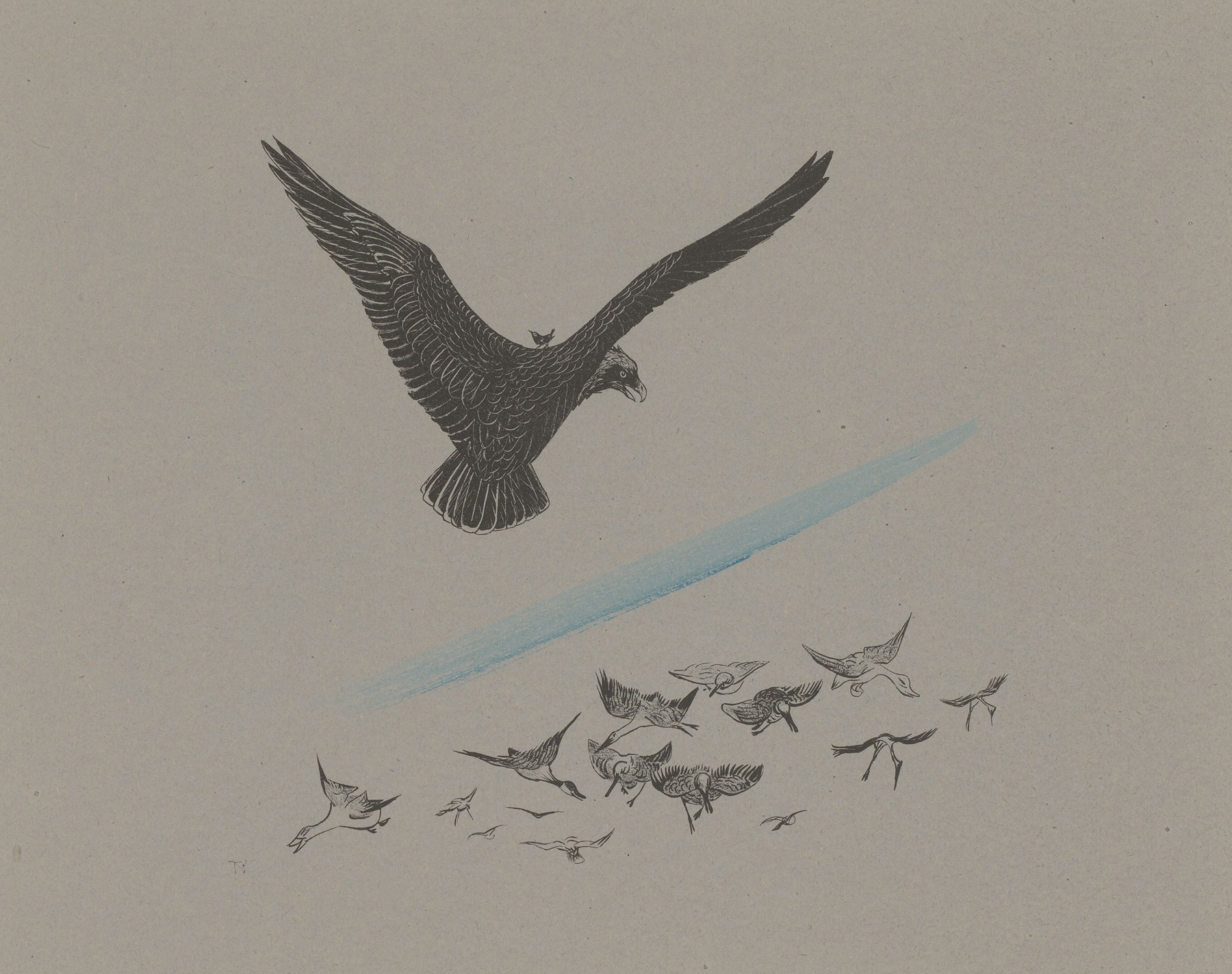 Theo van Hoytema - Arend met een winterkoning op de rug zweeft boven een groep vogels