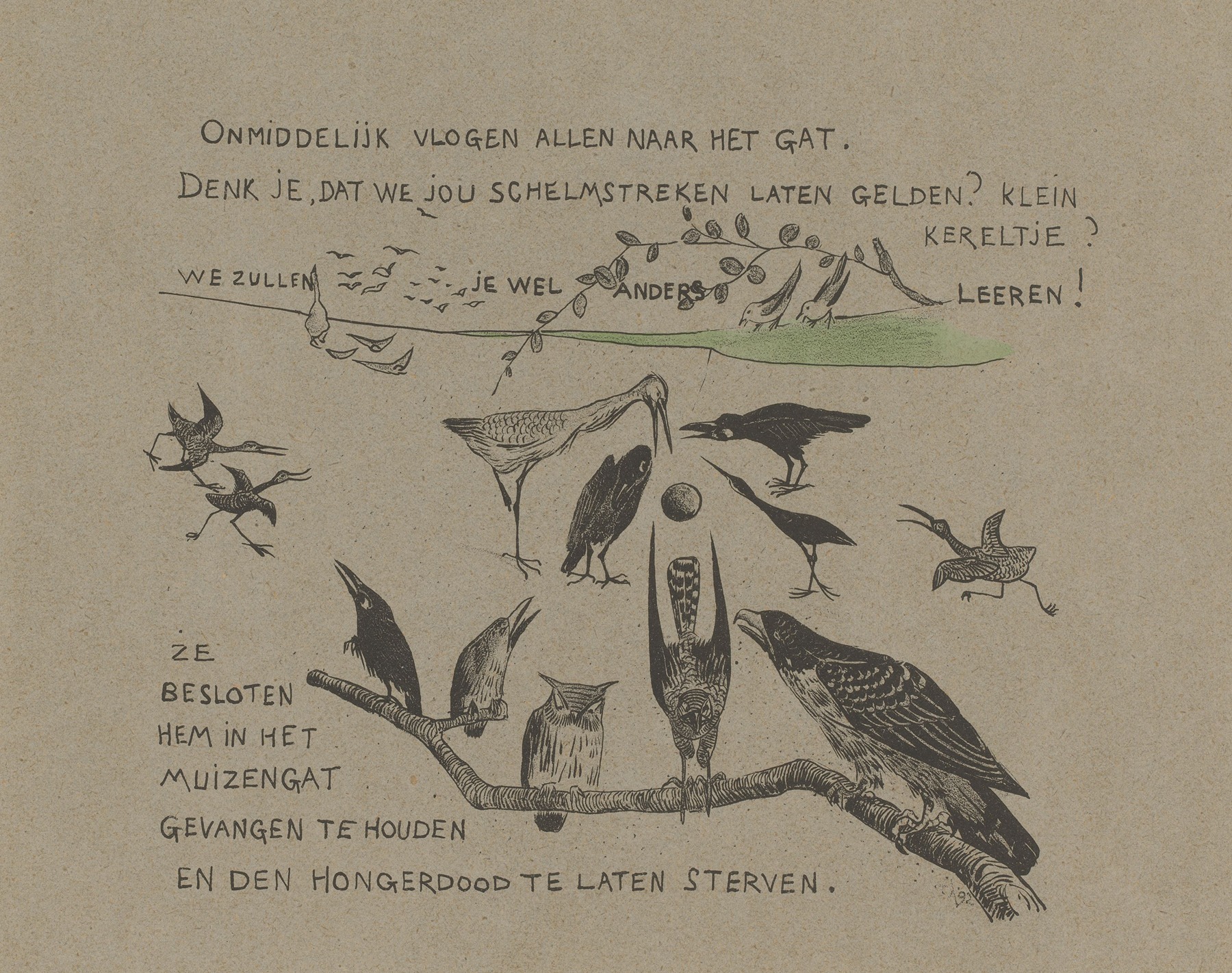 Theo van Hoytema - Tekstblad met diverse vogelsoorten bij het muizenhol waarin de winterkoning verdween