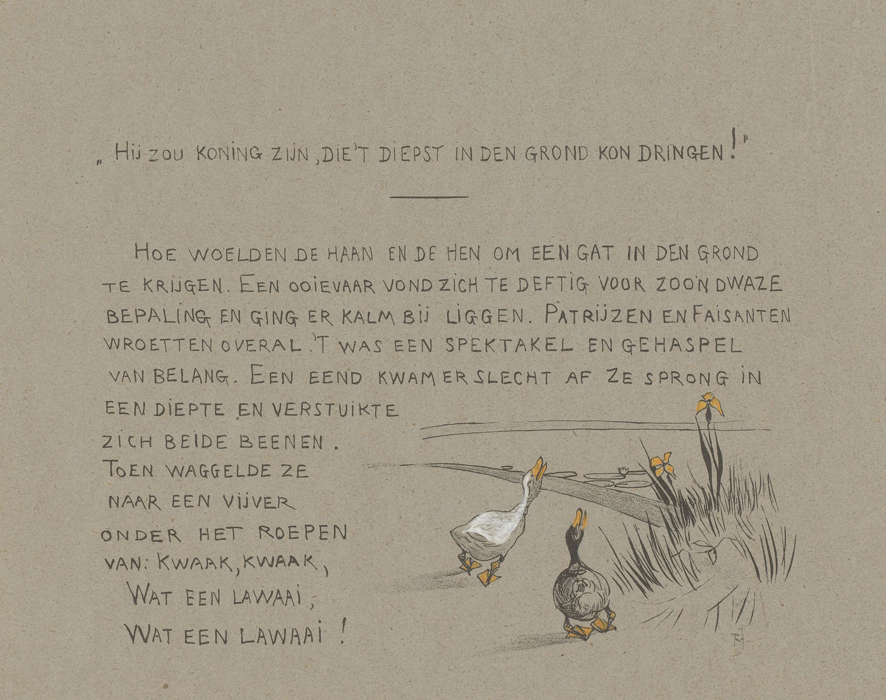 Theo van Hoytema - Tekstblad met een en gans aan de waterkant