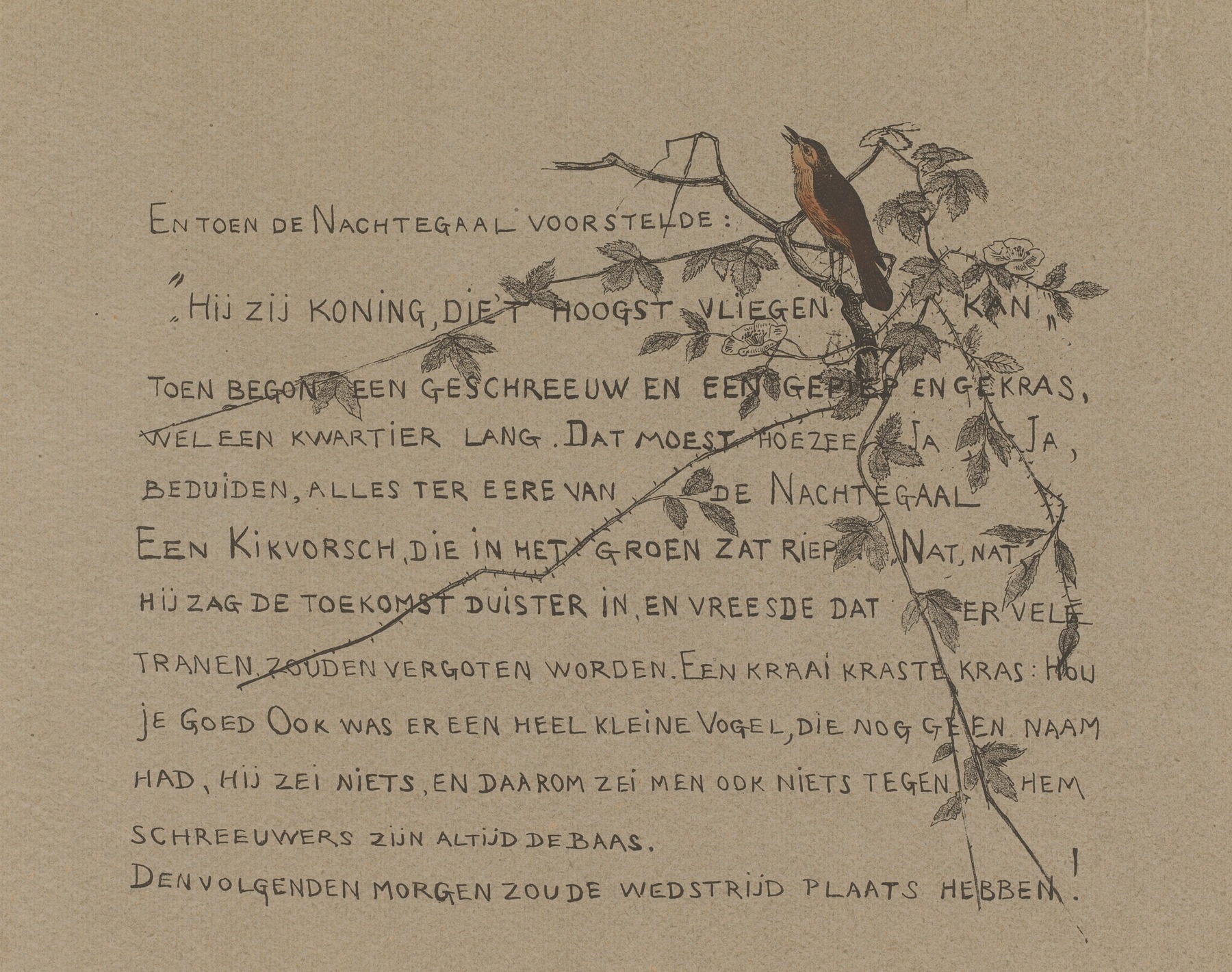 Theo van Hoytema - Tekstblad met nachtegaal op een tak.
