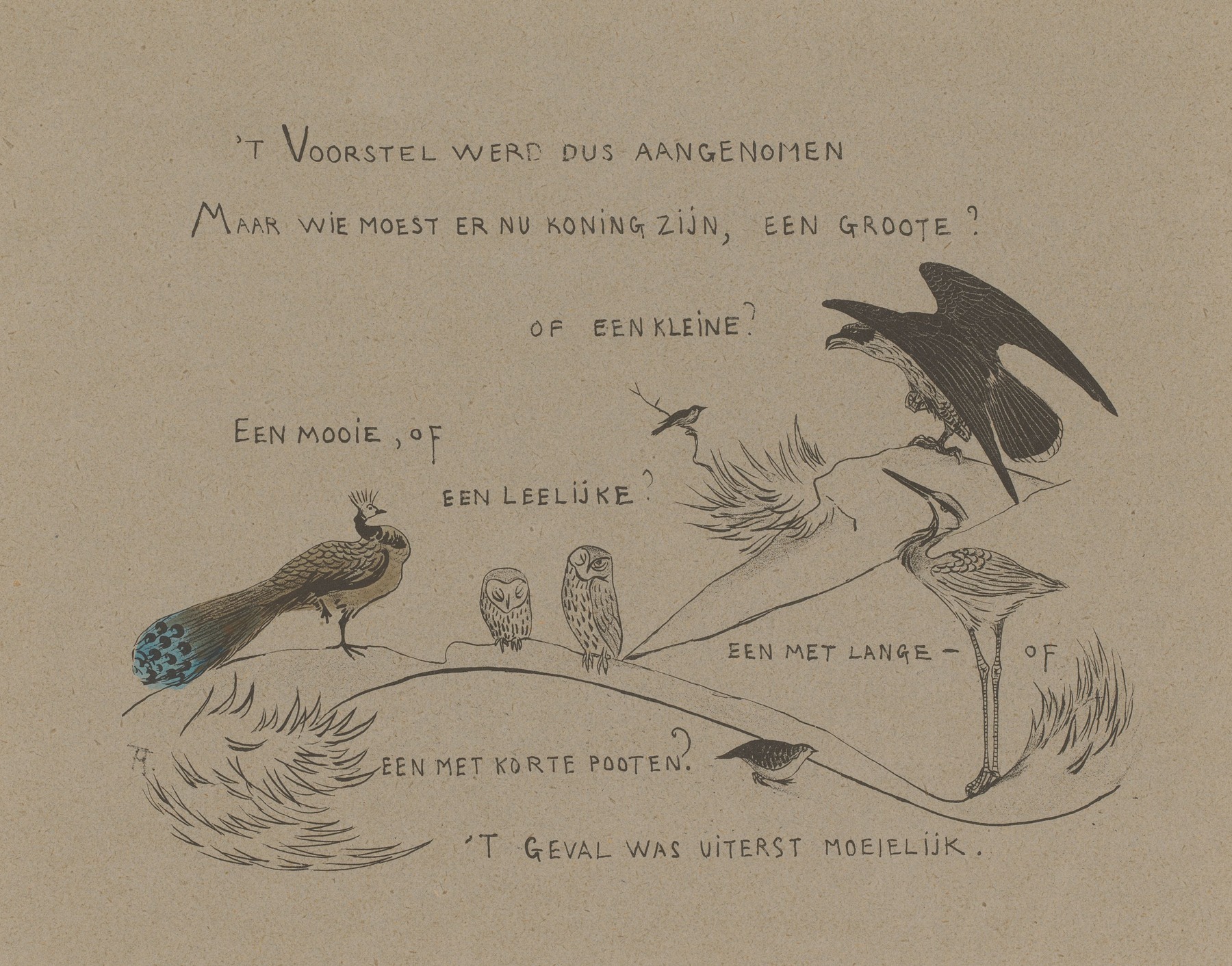 Theo van Hoytema - Tekstblad met onder andere pauw, uilen, reiger en roofvogel
