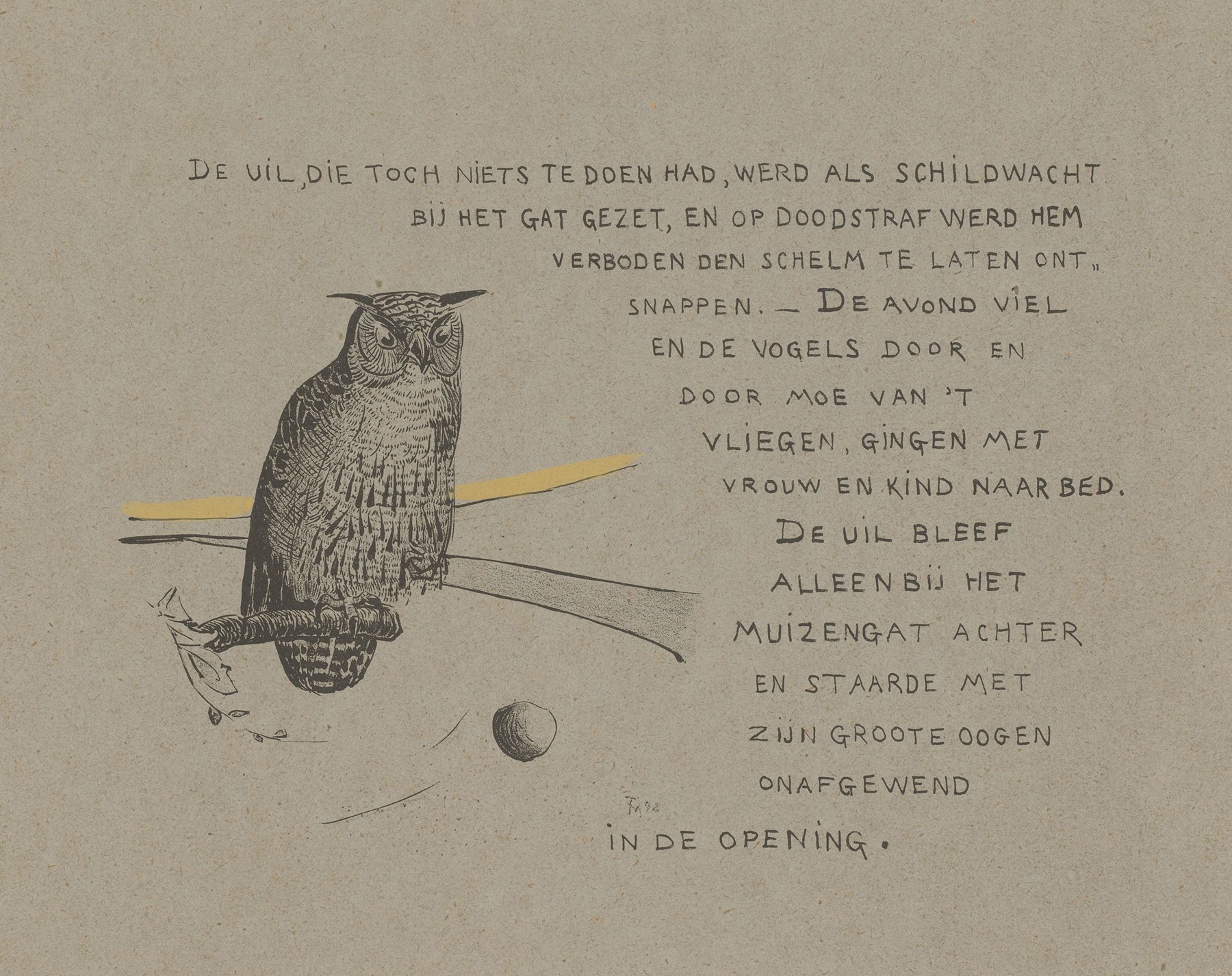 Theo van Hoytema - Tekstblad met uil bij een muizenhol.