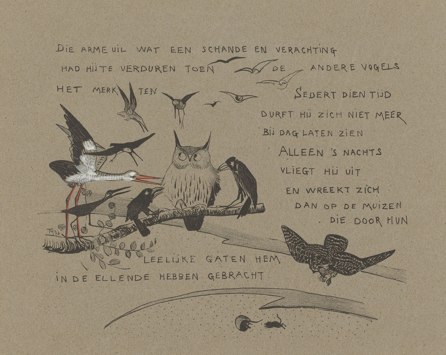 Theo van Hoytema - Tekstblad met vogels die de uil terechtwijzen