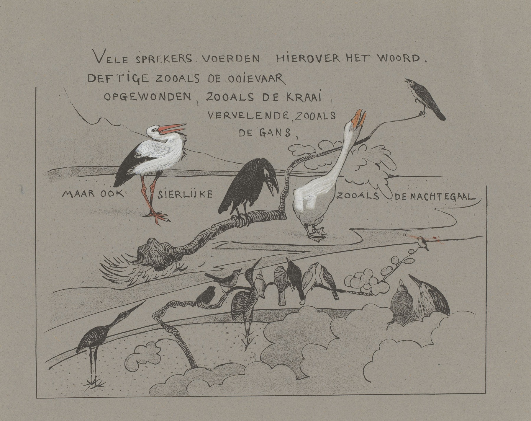 Theo van Hoytema - Tekstblad met vogels, onder andere roerdomp, gans, ooievaar en kraai