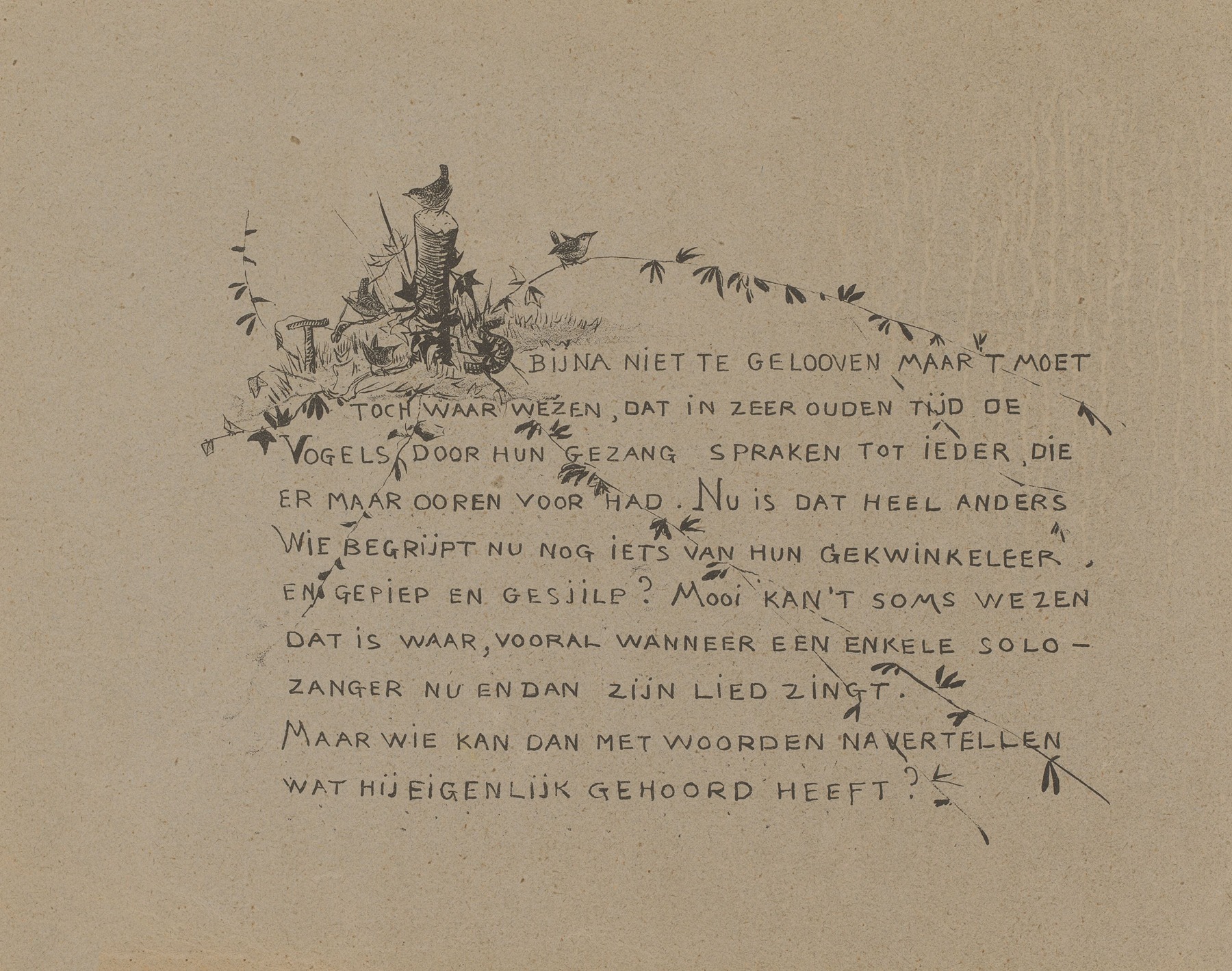 Theo van Hoytema - Tekstblad met winterkoning op een paal