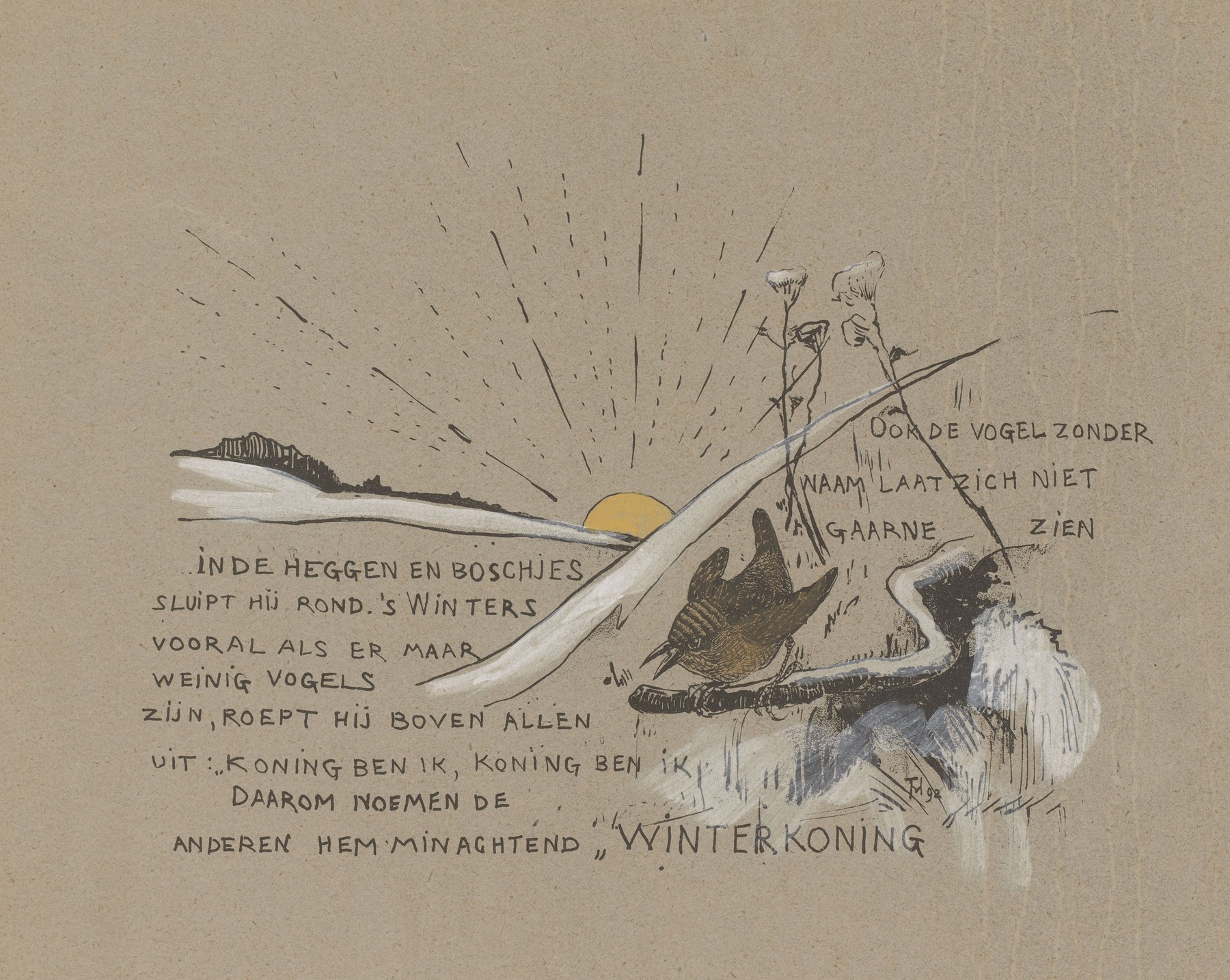 Theo van Hoytema - Tekstblad met winterkoning op een tak