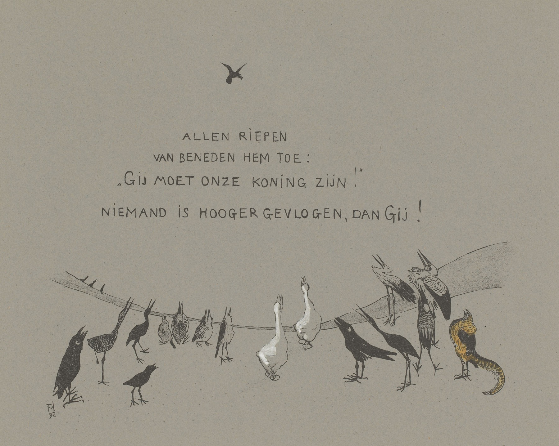 Theo van Hoytema - Vanaf de grond kijkt een groep vogels op naar een biddende arend