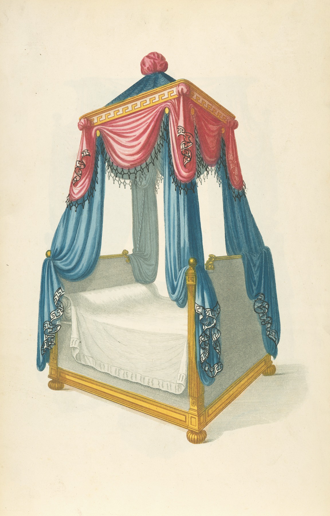 Thomas Sheraton - Bed with blue and red drapery