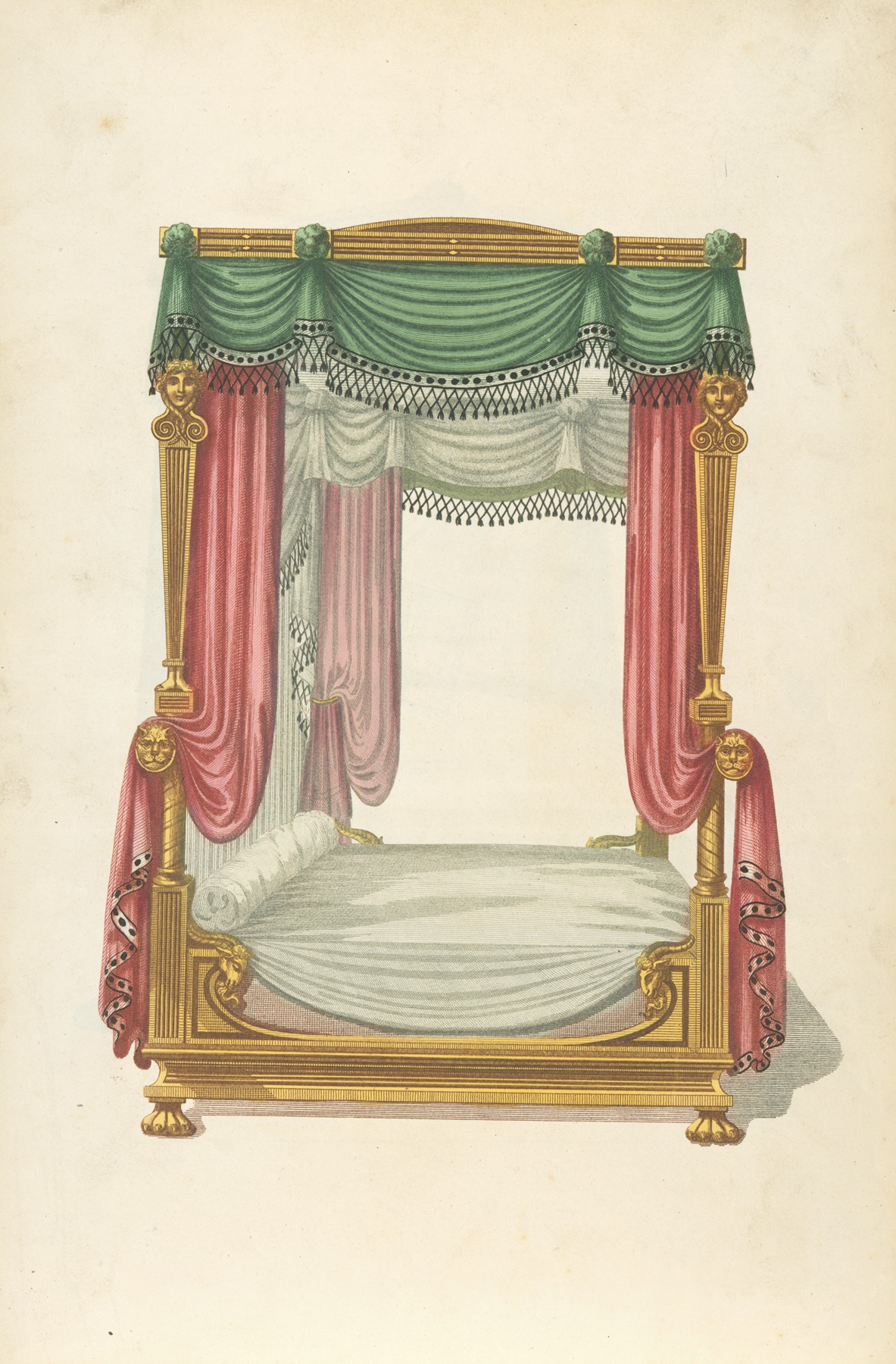 Thomas Sheraton - Canopy bed with green and red drapery.