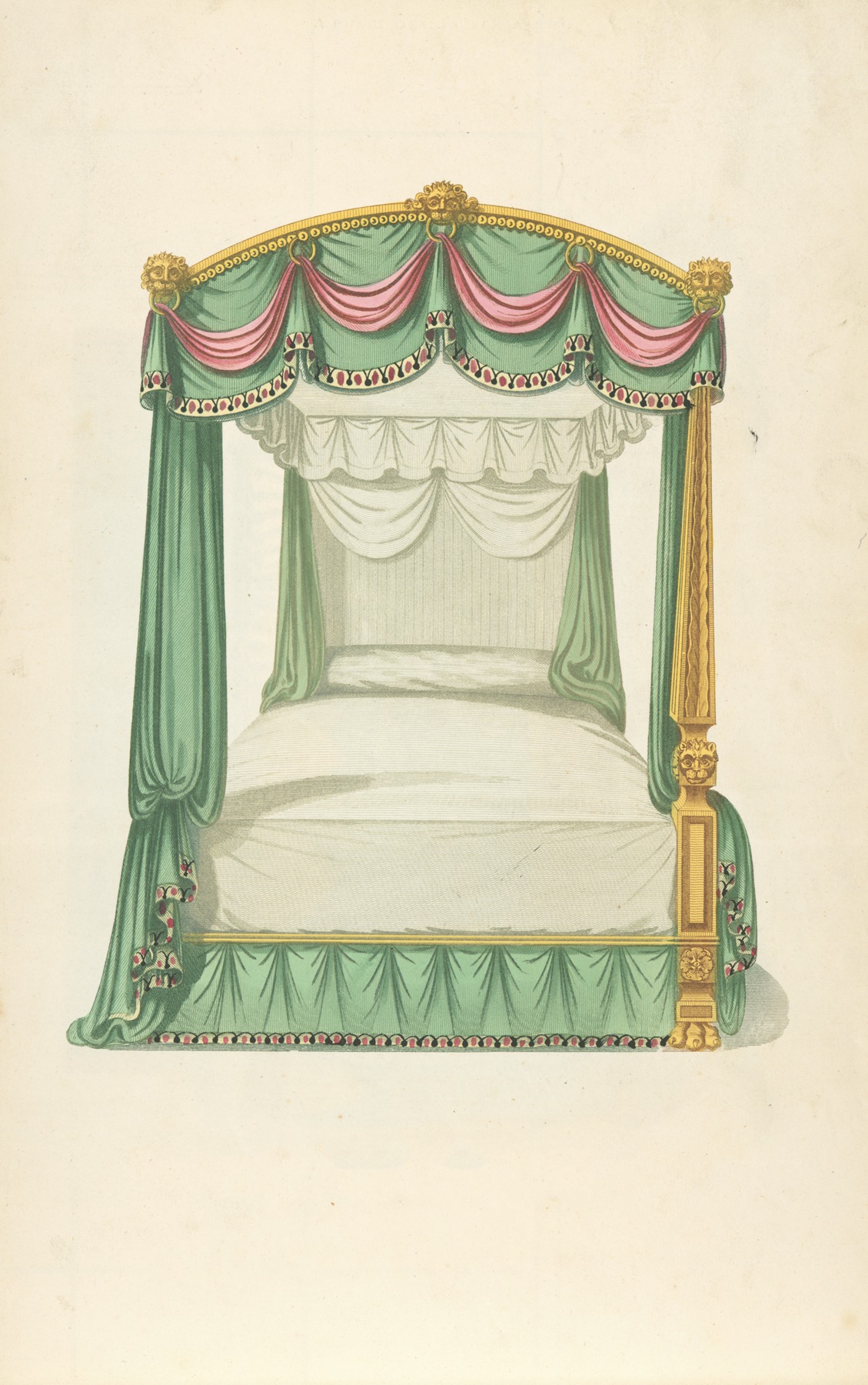 Thomas Sheraton - Canopy bed with green drapery.