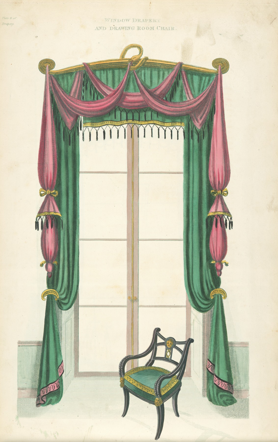 Thomas Sheraton - Window drapery and drawing room chair.