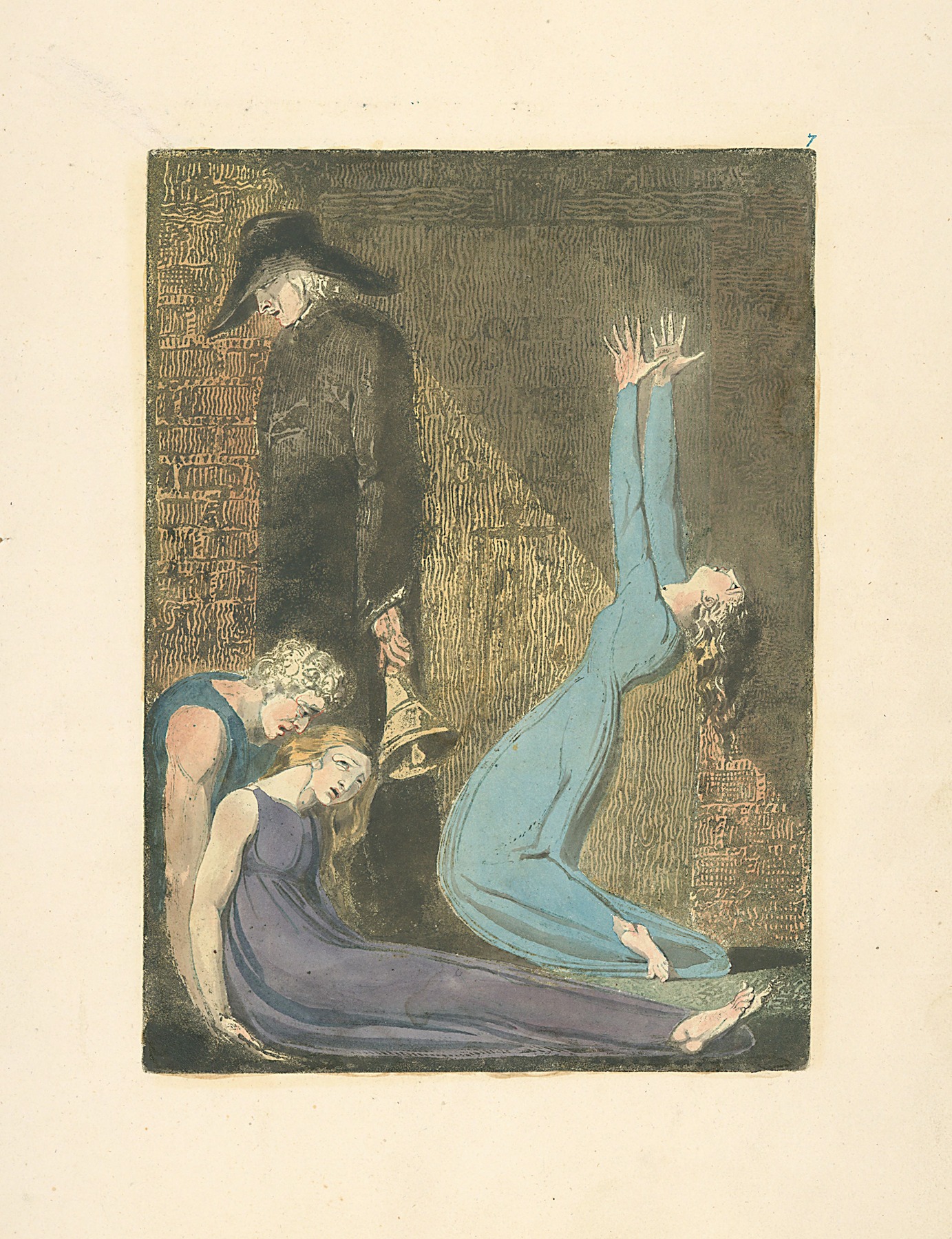 William Blake - Man supporting supine woman, aged man with bell, and woman in blue dress, arms raised in suppliction