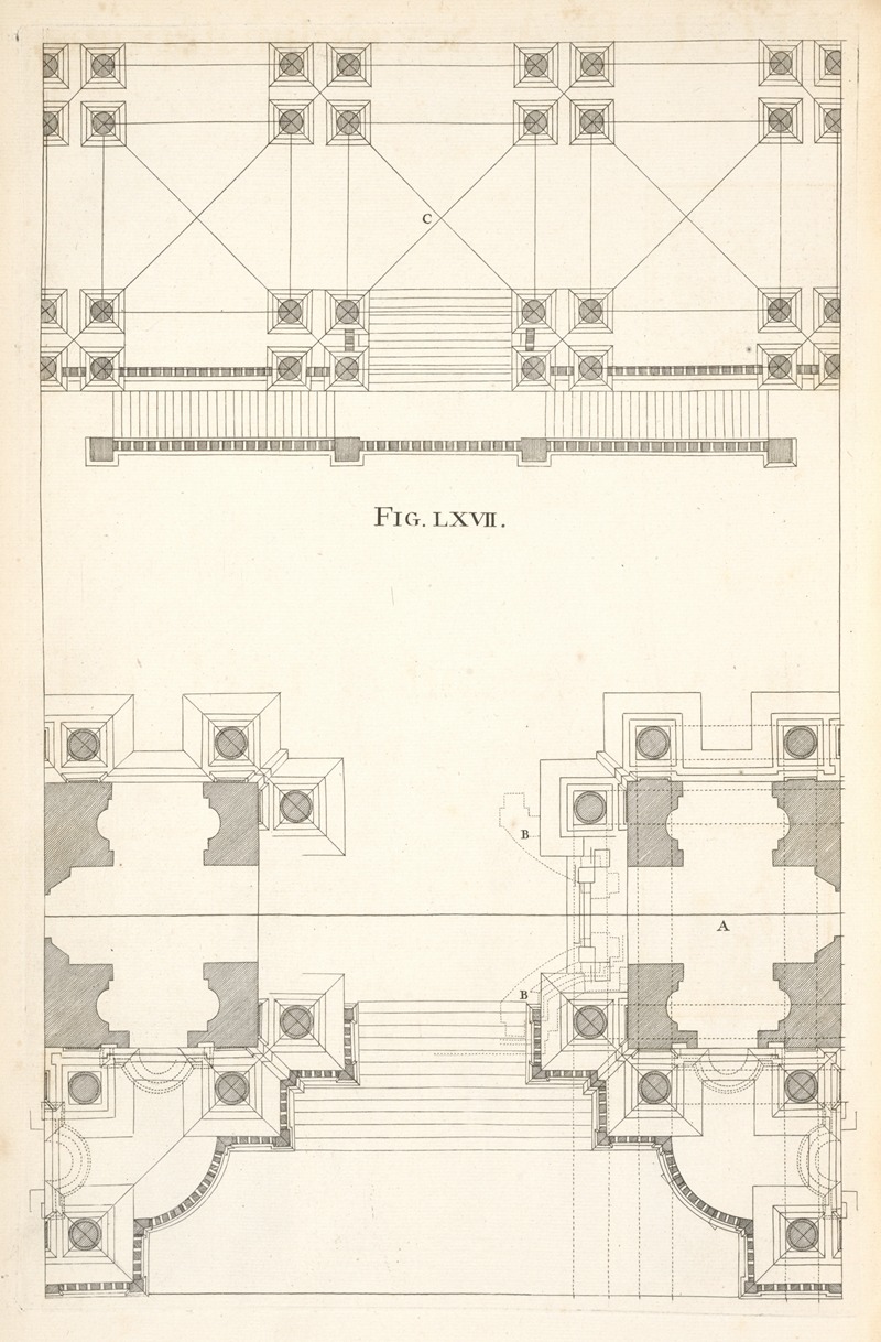 Andrea Pozzo - The geometrical plan, and first preparation to the seventy-first figure.