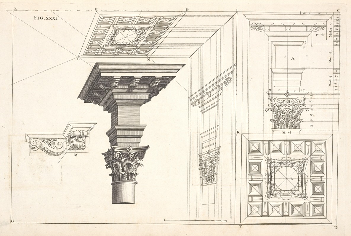 Andrea Pozzo - The optick projection of a Corinthian cornice, with the capital and part of the column.