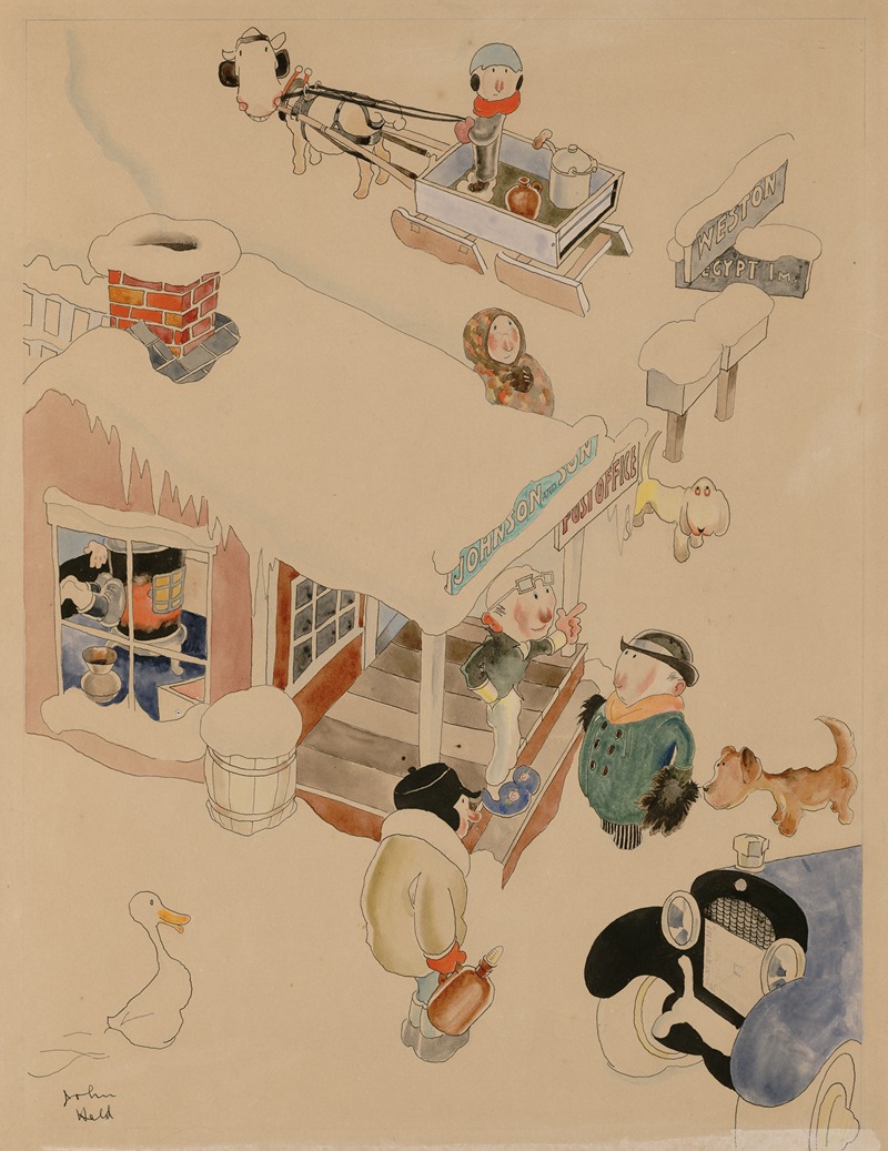John Held, Jr. - Man with car getting directions from a man standing on store porch during winter