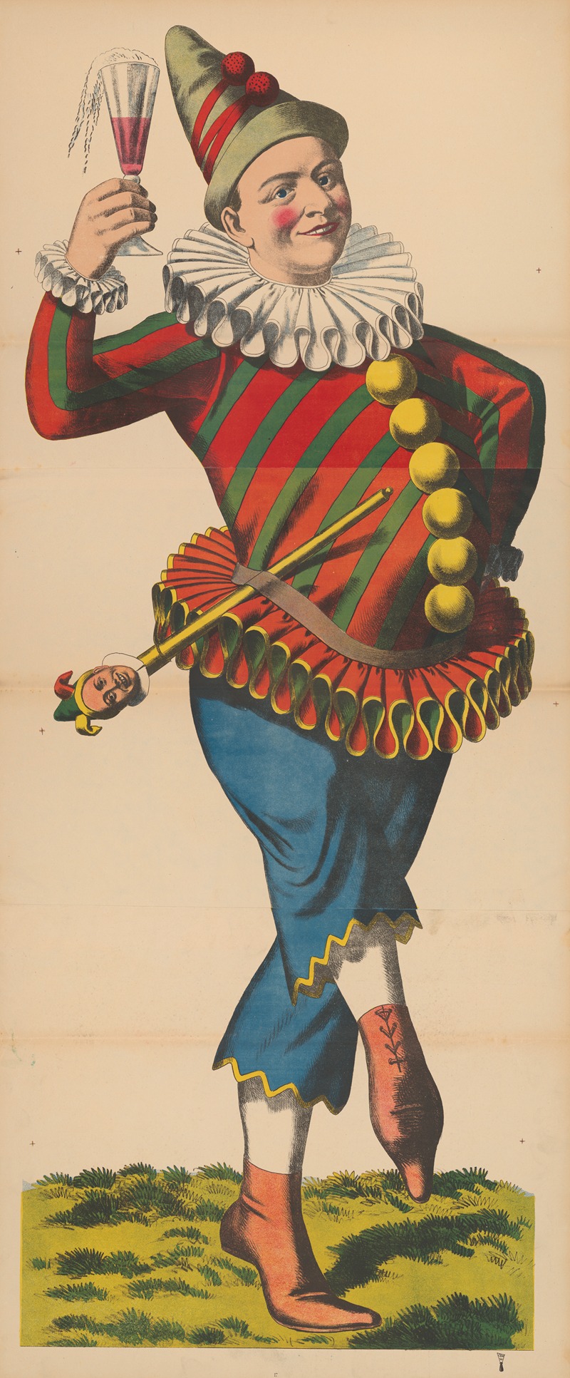 René Ackermann - Carnival figure dressed as a jester with a glass of beer and a marotte