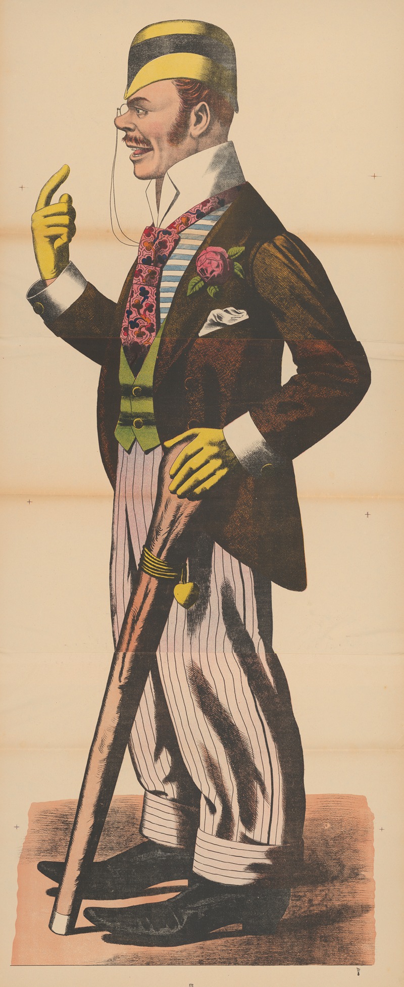 René Ackermann - Man dressed in suit, vest, gloves, hat, and monocle with club