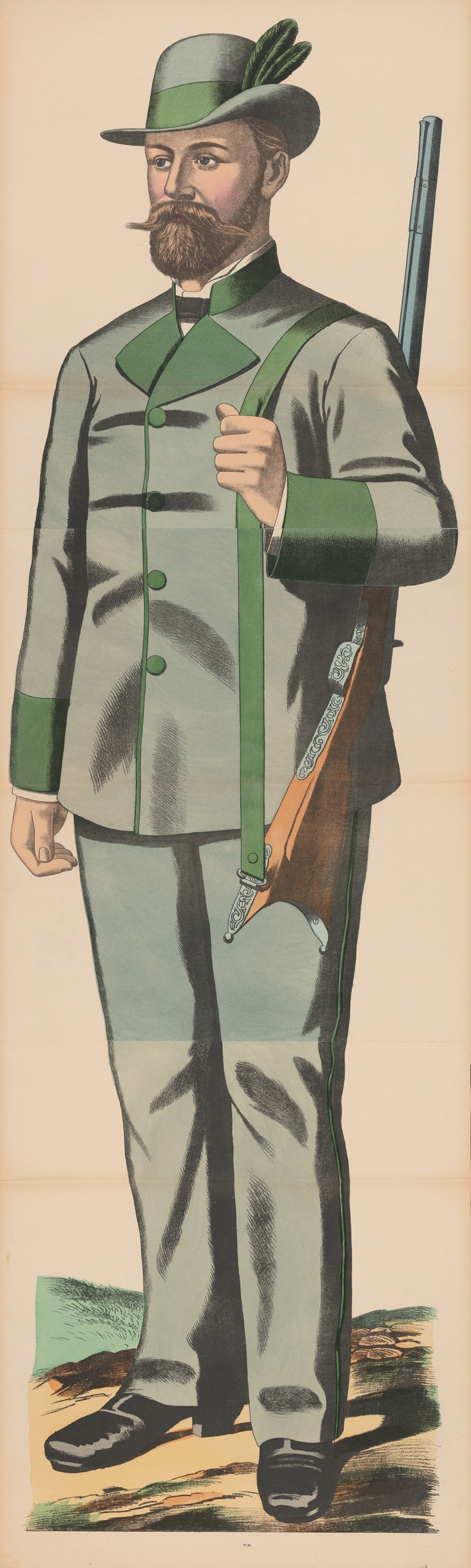 René Ackermann - Man in light green suit and Tyrolean hat holding a rifle over his shoulder