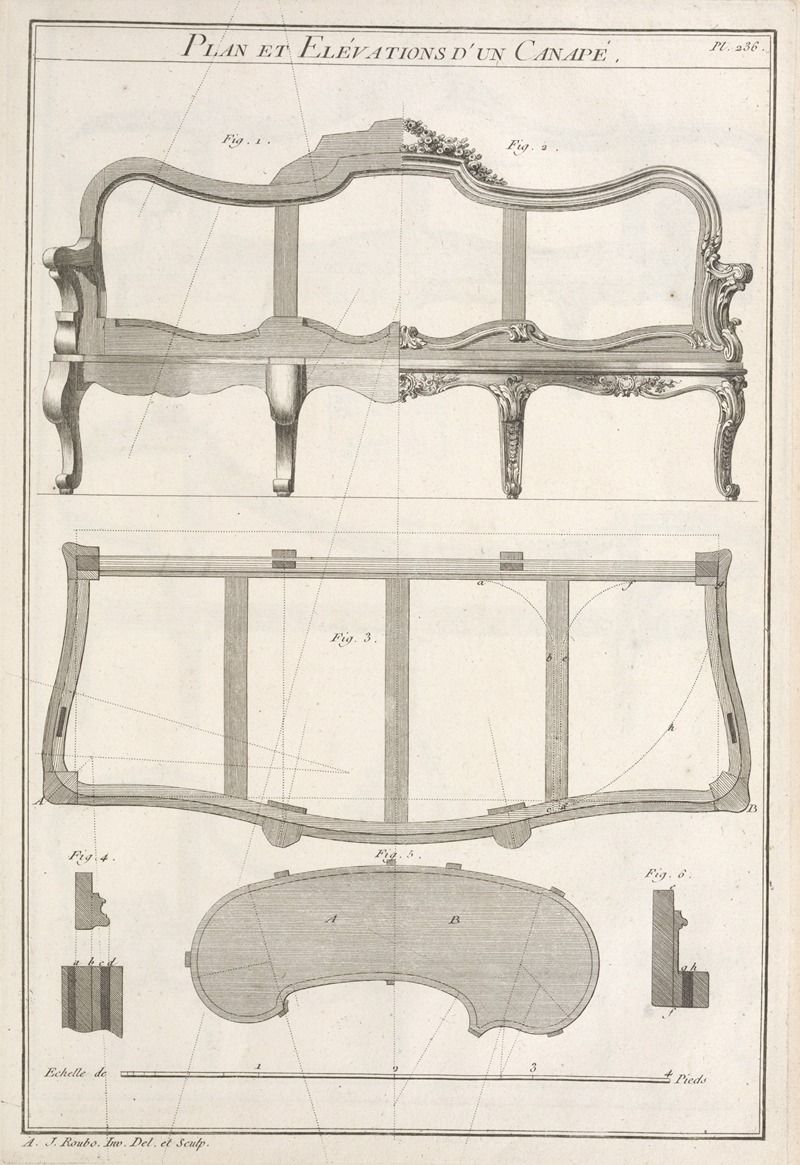 André Jacob Roubo - Plan et elévations d’un canapé.