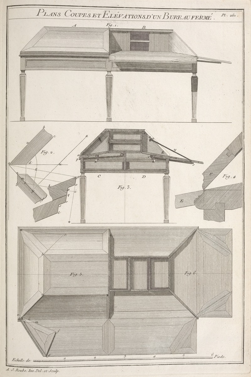 André Jacob Roubo - Plans coupes et elévations d’un bureau fermé.