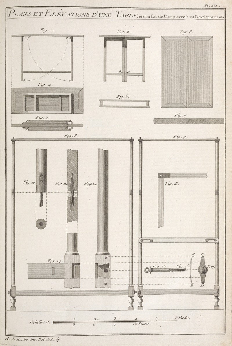 André Jacob Roubo - Plans et elévations d’une table, et d’un lit de camp avec leurs developpements.