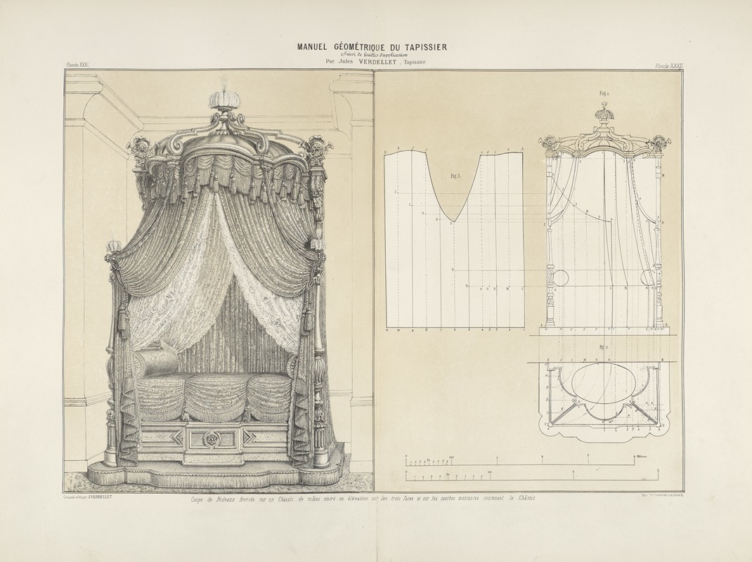 Jules Verdellet - Coupe de rideaux froncés sur un châssis de mileu cintré en élévation sur les trois faces et sure les courbes montantes soutenant le châssis.