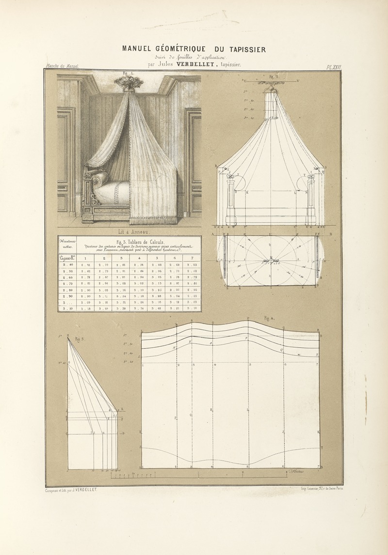 Jules Verdellet - Untitled plate featuring group of images illustrating drapery for a bed (lit à Anneau) and its plans