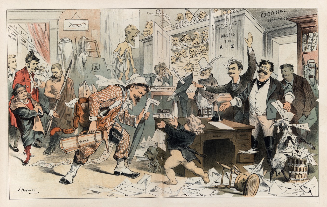 Joseph Ferdinand Keppler - The return of the ‘prodigal father’ at the ‘Puck’ office – drawn by himself
