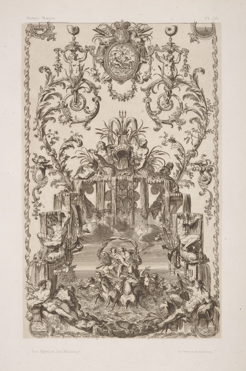 André-Charles Boulle - Design featuring allegorical figures representing water, including sea gods pulled in a water chariot by sea horses.