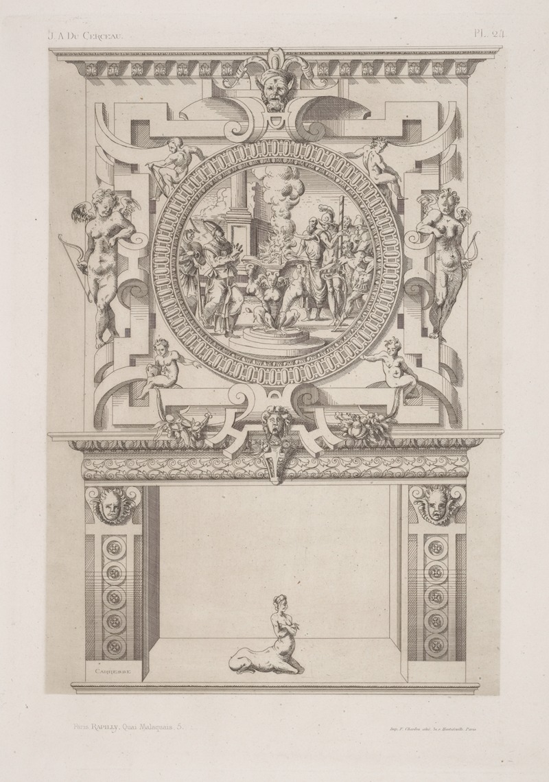 André-Charles Boulle - Design for a chimney piece with roundel of group surrounding a fire, possibly a religious ceremony