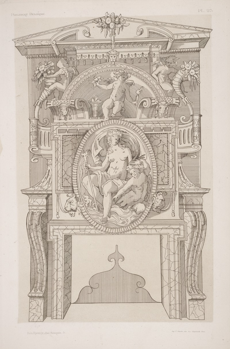 André-Charles Boulle - Design for a chimney piece with roundel of nude goddess and child on mantel