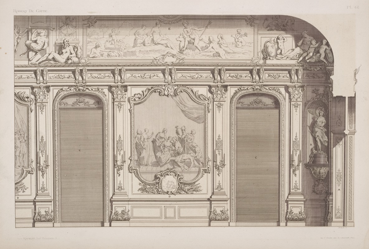 André-Charles Boulle - Design for an interior wall with two arched doorways and wall panel depicting a group of women