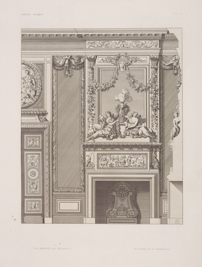 André-Charles Boulle - Design for chimney piece and mirror with two women and garlands.