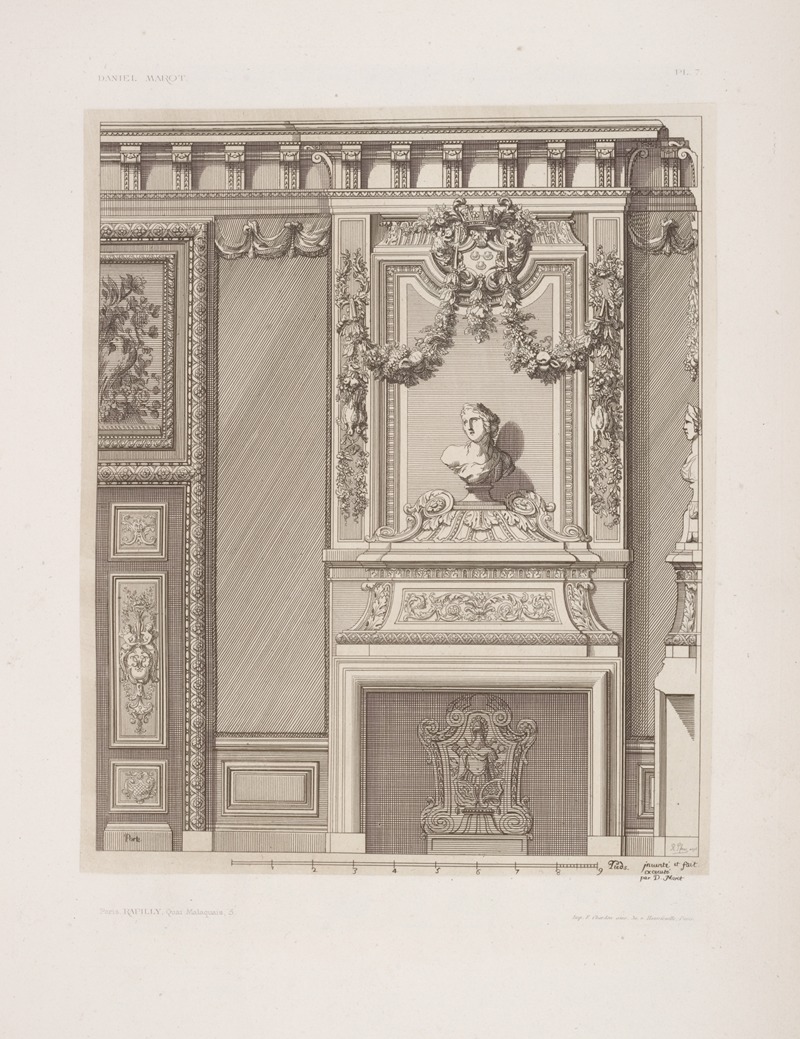 André-Charles Boulle - Design for chimney piece with bust of woman and garlands above.