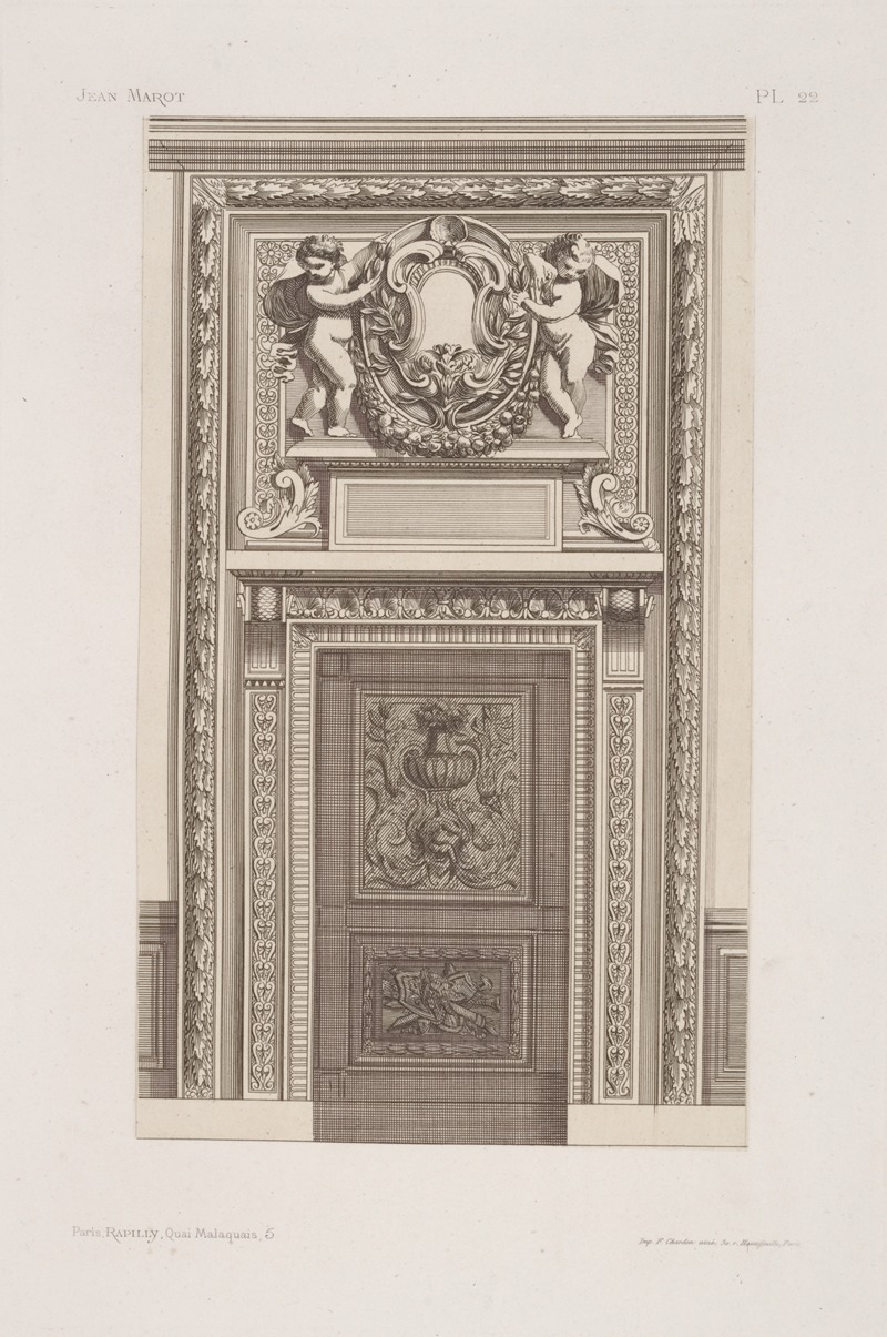 André-Charles Boulle - Design for doorway with two cherubs in projection above doorframe holding roundel with space for heraldric device