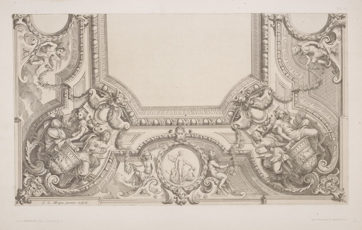 André-Charles Boulle - Design for half a ceiling decoration featuring allegorical female figures at each corner.