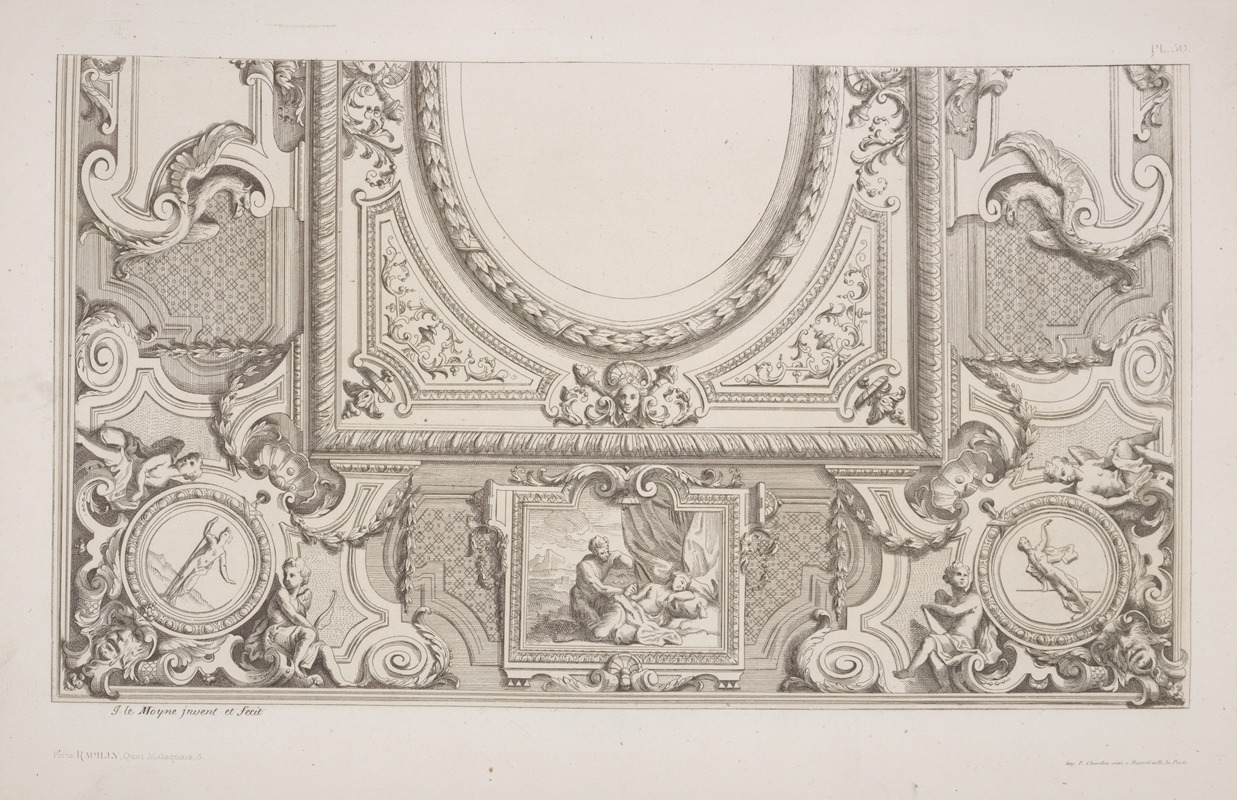 André-Charles Boulle - Design for half a ceiling decoration featuring panel with satyr and sleeping woman.