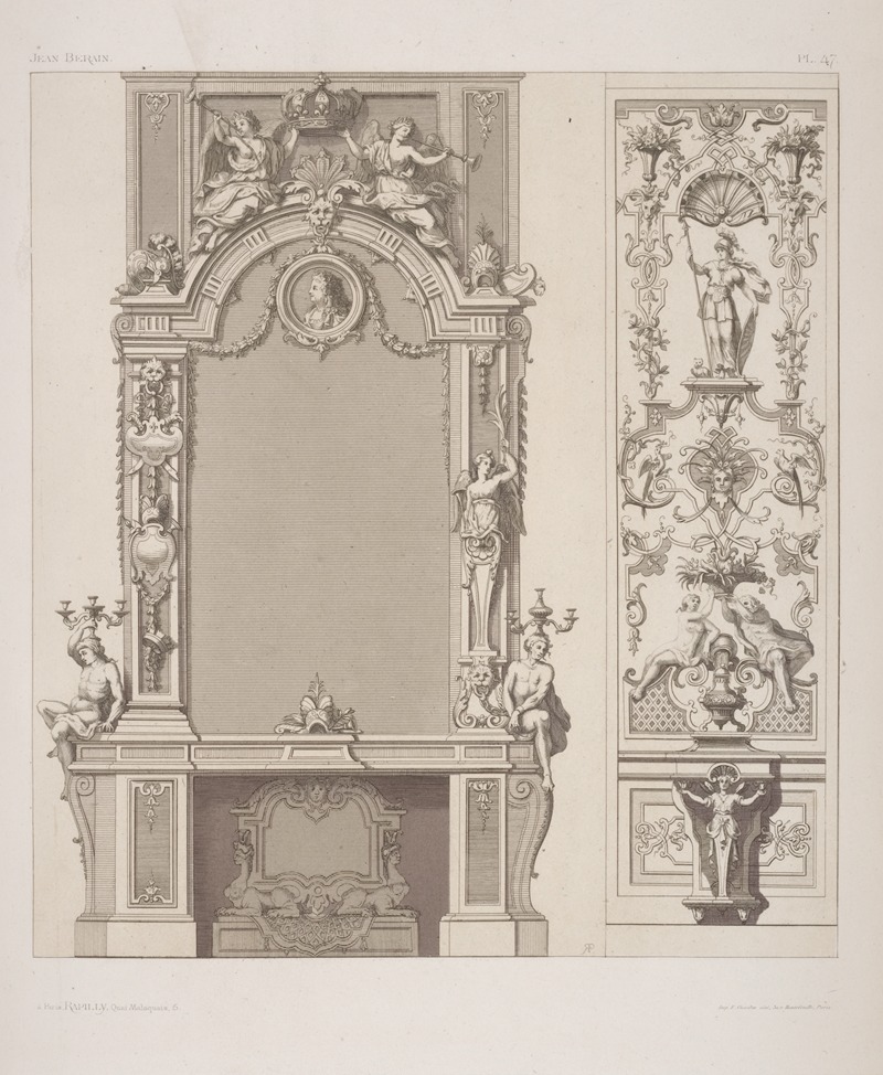 André-Charles Boulle - Design for wall niche with chandeliers on either side; design for wall panel featuring Athena.