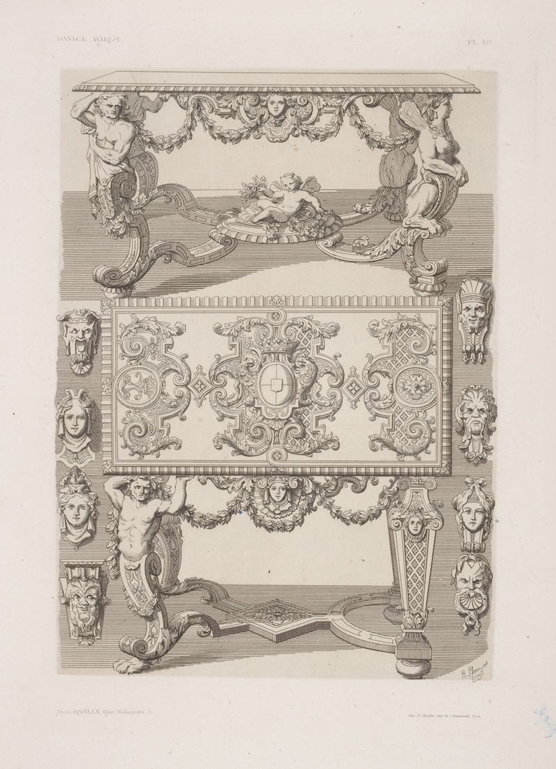 André-Charles Boulle - Designs for tables with elaborately carved supports; designs of heads.