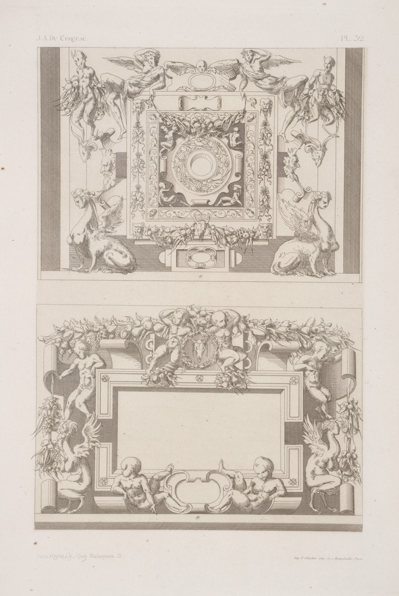 André-Charles Boulle - Two designs for ceilings with figures of humans, sphinxes, and satyrs