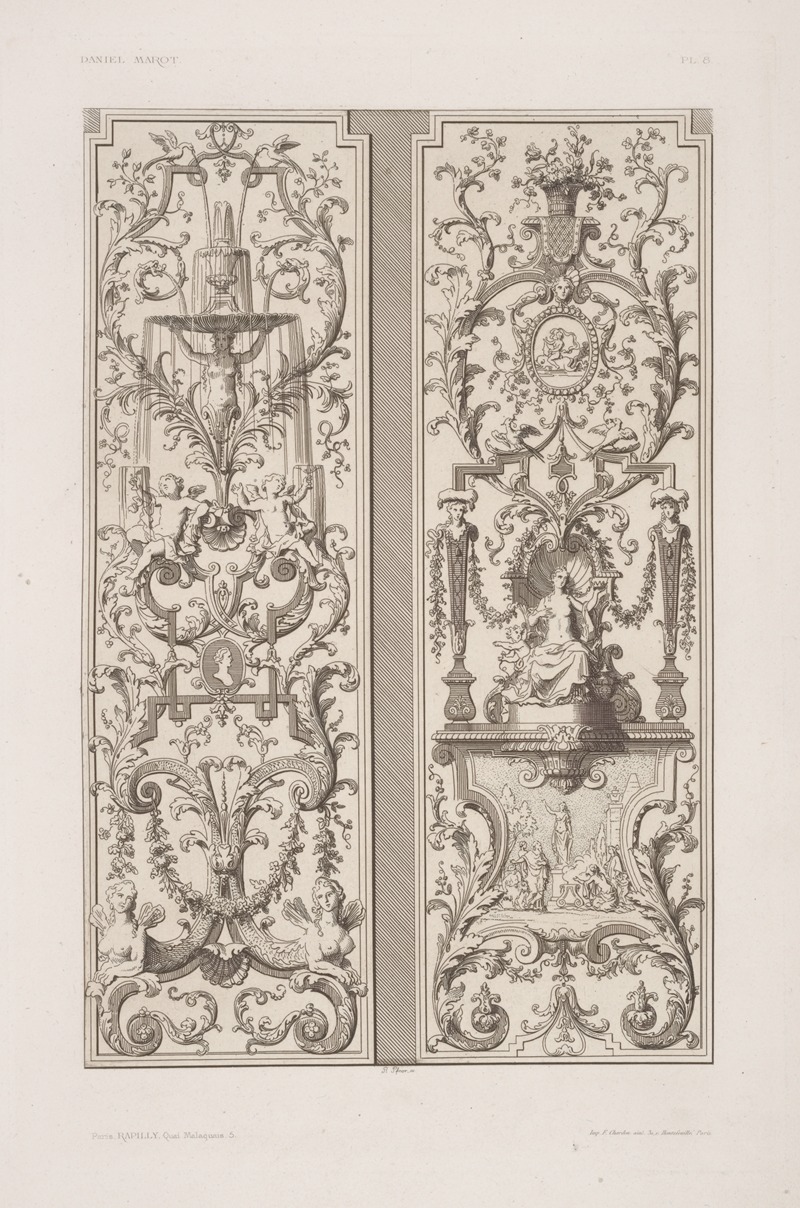 André-Charles Boulle - Two designs; one with fountain, one with half-nude woman seated.