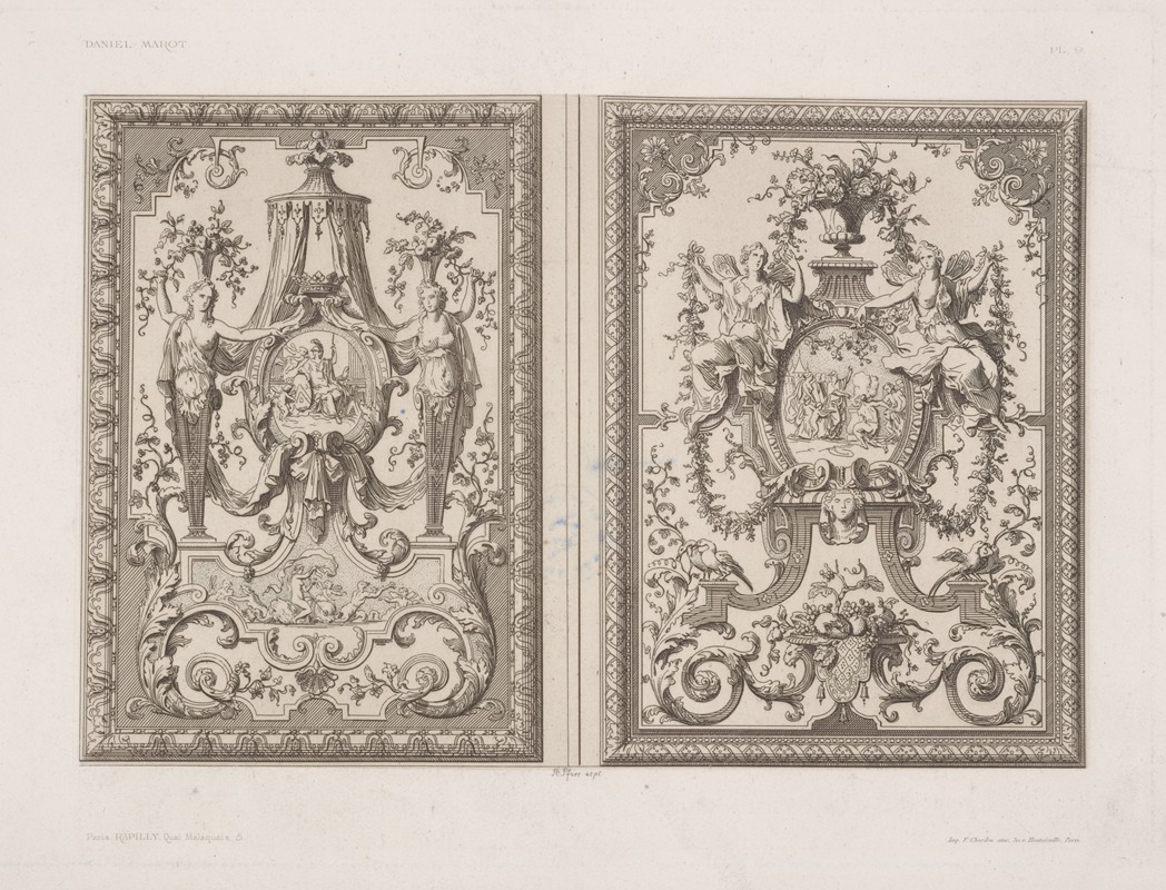 André-Charles Boulle - Two designs; one with roundel of enthroned Athena, one with bible scene.