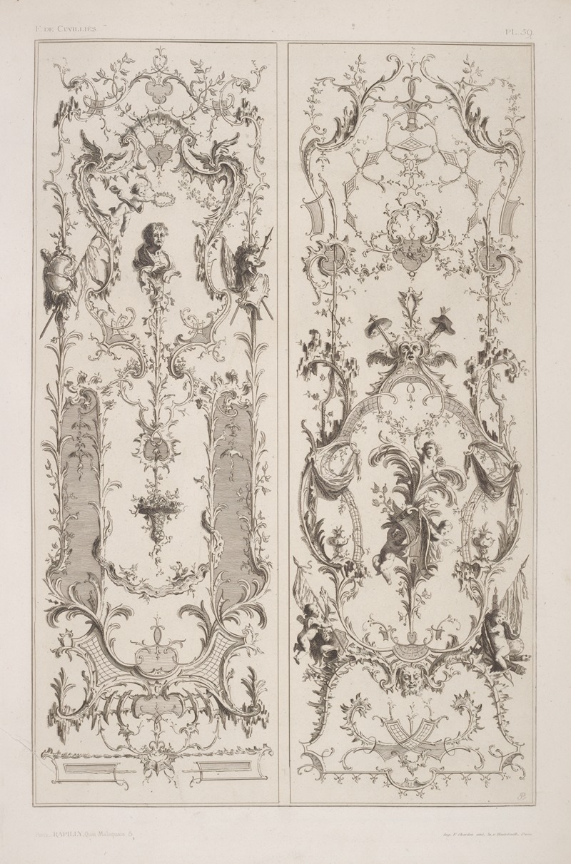André-Charles Boulle - Two vertical designs featuring cherub crowning a bust portrait with wreath
