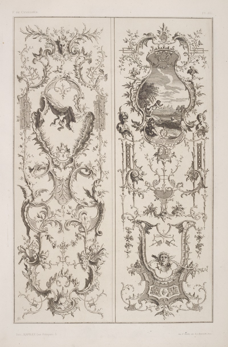 André-Charles Boulle - Two vertical designs featuring scene of cherubs by a lake