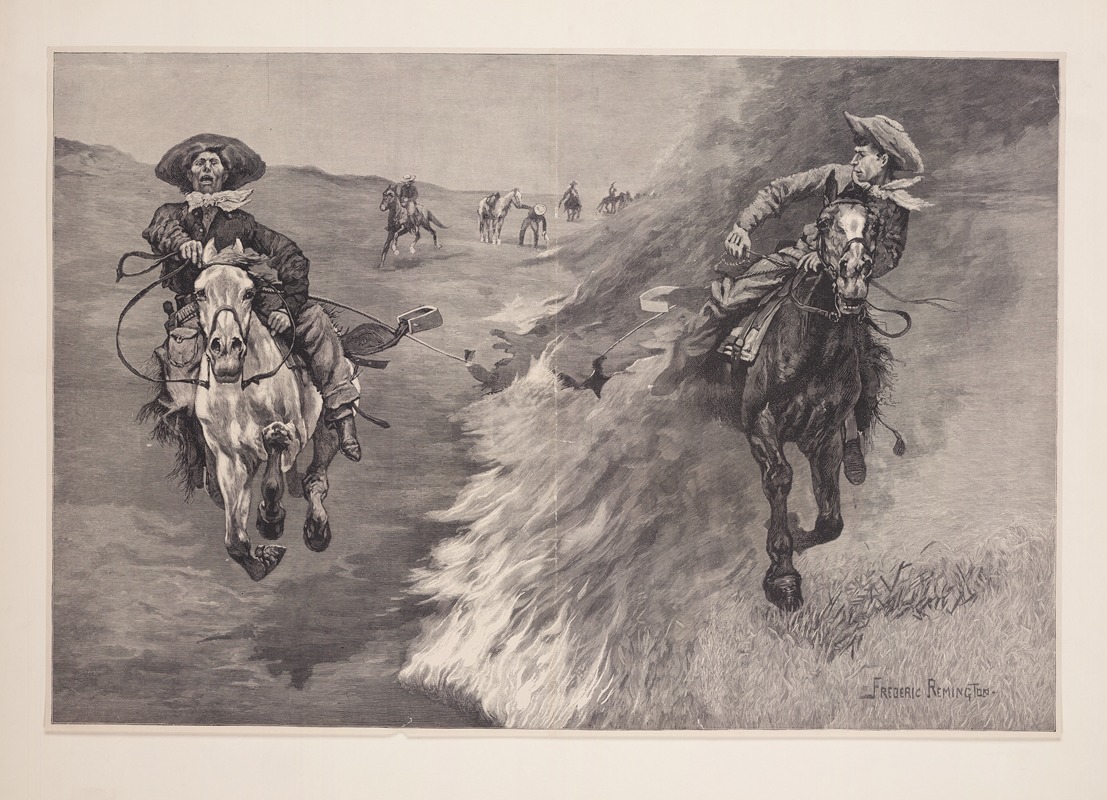 Frederic Remington - Dragging a Bull’s Hide over a Prairie Fire in Northern Texas