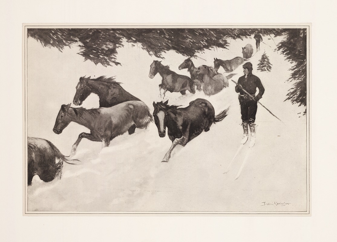 Frederic Remington - Working snow-bound ponies out of the mountains