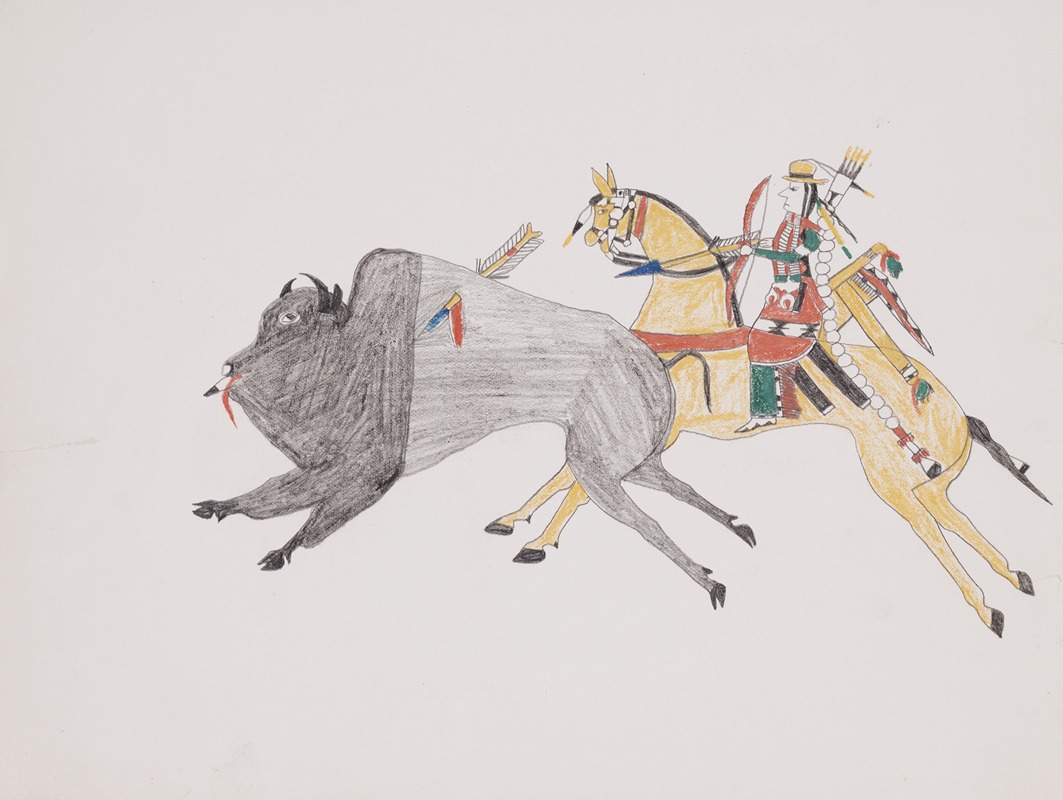 Howling Wolf - Bison hunt with Indian on horseback.