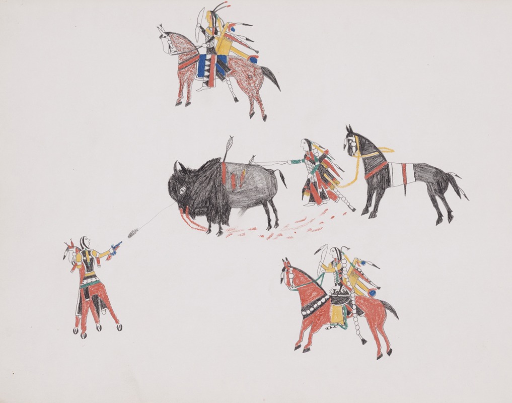 Howling Wolf - Bison hunt with Indians on horseback and on foot