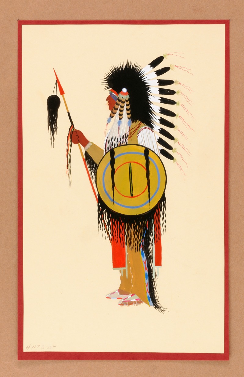 Monroe Tsatoke - Cheyenne Warrior in Feather Headdress with Shield